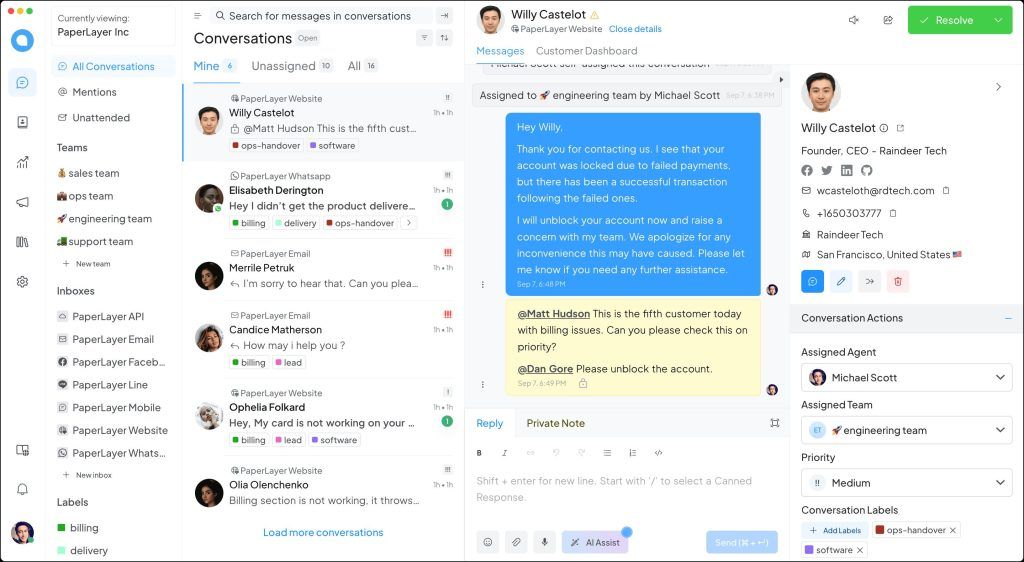 Panel de Chatwoot mostrando los canales de atención integrados en una sola pantalla